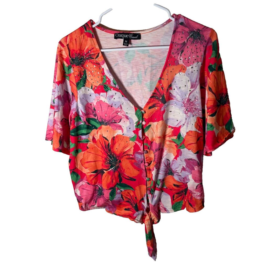 Onque Casual Shirt Women's Medium Floral Button Up Tie V-Neck Colorful Artsy